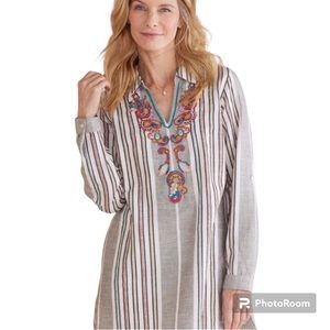 Soft Surroundings Long Sleeve Striped V-Neck Tunic Top With Emboidery Si…